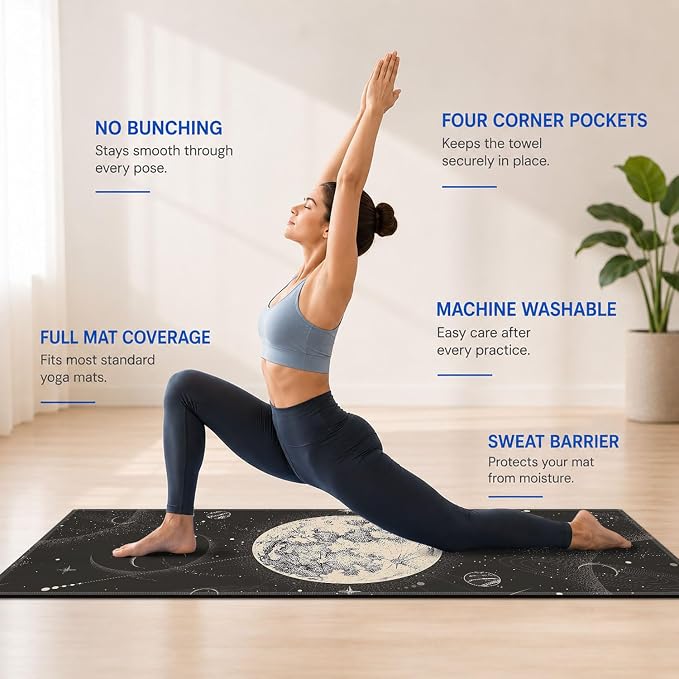 Yoga Mat Towel, Hot Yoga Non Slip with 4 Corner Pockets, 70 x 26 in | Soft Absorbent Microfiber With Four Corner Pockets, Fits Over Yoga Mats For Hot Yoga, Pilates, Gym, And Travel