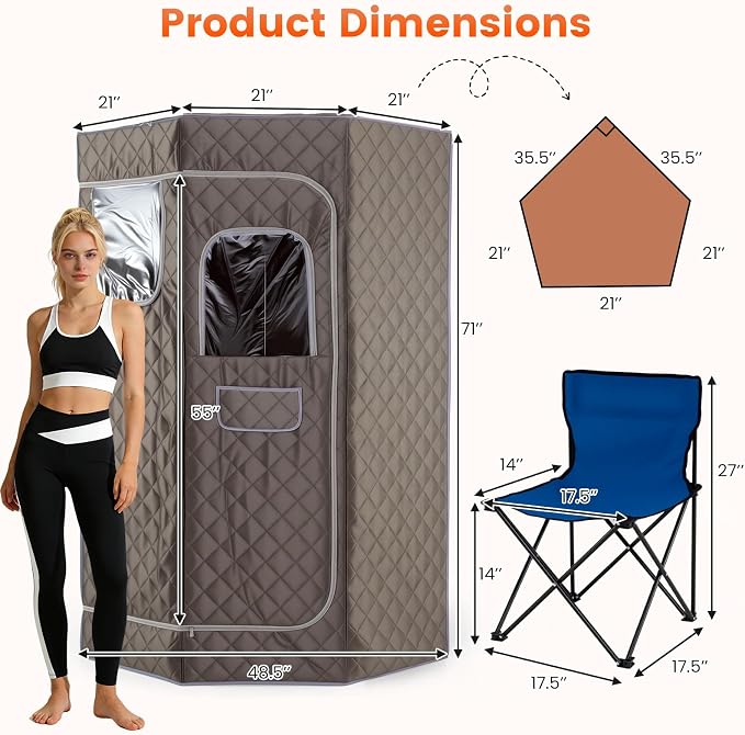 Giantex 3L Portable Steam Sauna, Fast-Heat Large Pentagon Sauna Box for Home, 9-Level Remote Control, 99-Min Timer, Folding Chair, Foot Roller, Mat, 35.5" x 35.5" x 71" Sauna Tent (Gray)