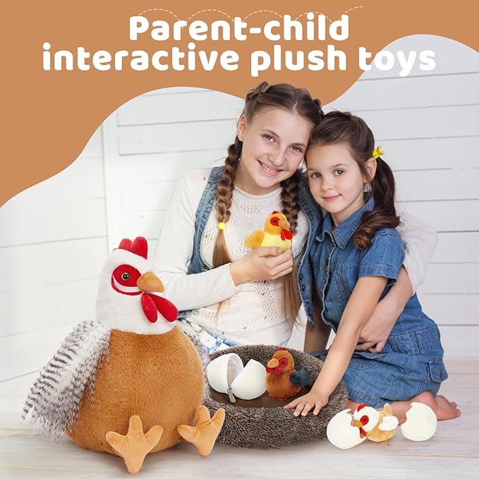 MaoGoLan 8Pcs Chicken Stuffed Animals, Stuffed Laying Hen Chicken Plush Toys with 3 Babies Chickens and 3 Eggs,1 Nest House Plush Set, Cute and Soft Farm Stuffed Animals Gift for Kids,Girls,Boys,White