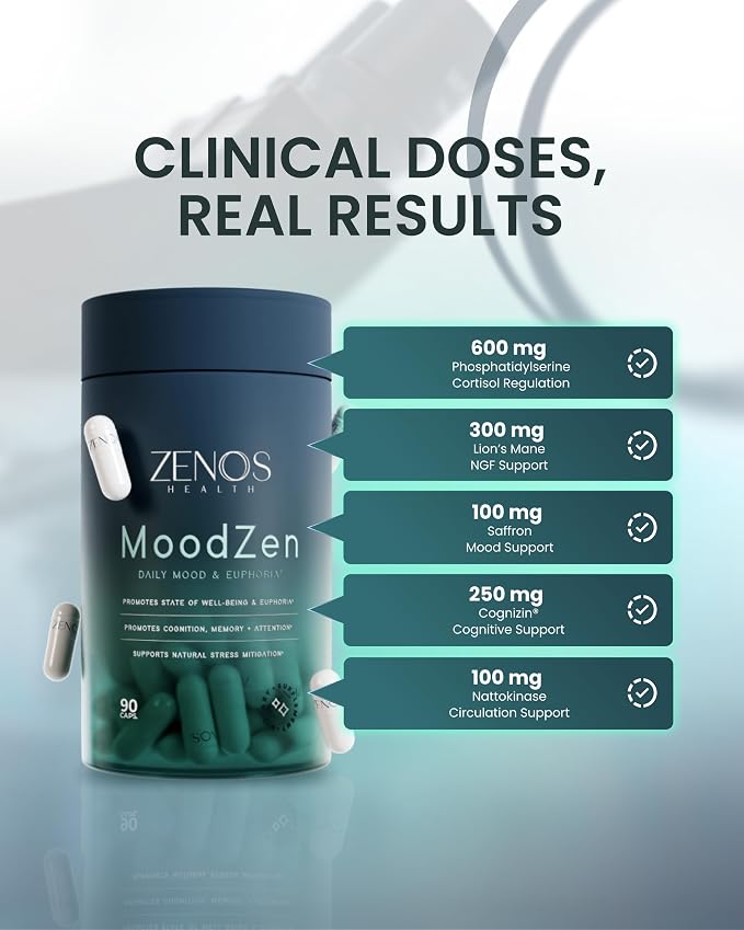 Zenos Health MoodZen Mood Support & Cortisol Reducer Supplement – Powerful Focus Supplement – Natural Formula to Enhance Mind Clarity - Made in USA, 90 Caps
