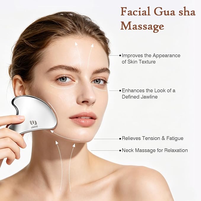 5 in 1 304 Stainless Steel Gua Sha Tools Set, Premium Facial & Full Body Scraping Massage Kit with Zinc Alloy Eye Massage Roller and Storage Pouch for Home Gym Daily Self Care
