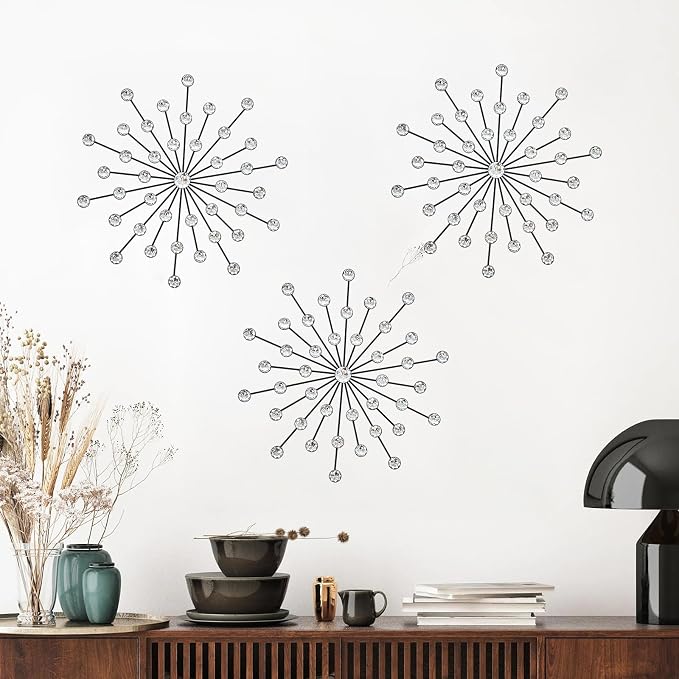 ZEXUIRU 3 Set Black Starburst Wall Art for Home Decor Metal Bling Crystal Rhinestones Sunburst Wall Decor Sparkling Rhinestone Art Accent Black - 13in