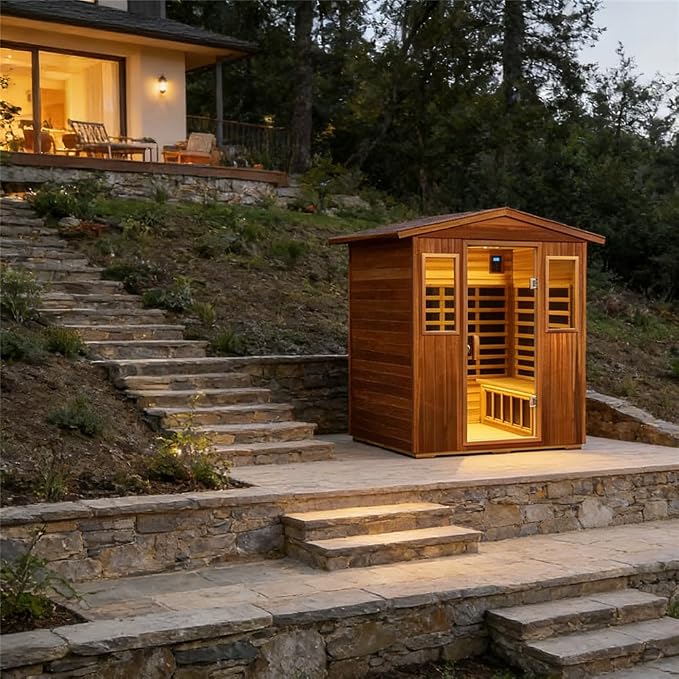 Kanlanth Outdoor Sauna 4 Person Low EMF Far Infrared Sauna for Home, 2050W Mahogany Wooden Sauna Room for Outdoor Indoor Home, with Blue-Tooth, LCD, LED