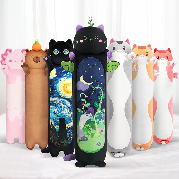 Long Cat Plush 5 Sizes, 120% Extra Filling Giant Plushness Kids Body Pillow, Kawaii Cute Black Cat Stuffed Animals Plushies, Big Long Body Pillow Black Cat Plush Gift for Girls 36”