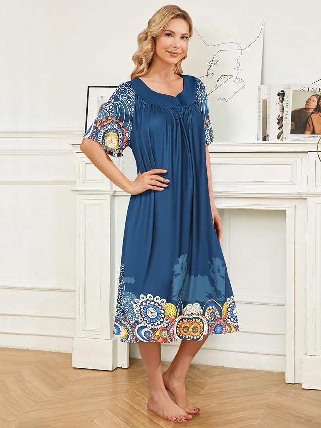 House Dresses for Women with Pockets Moo Moo Nightgown Short Sleeve Mumu Dress Lounge Dress S-3XL
