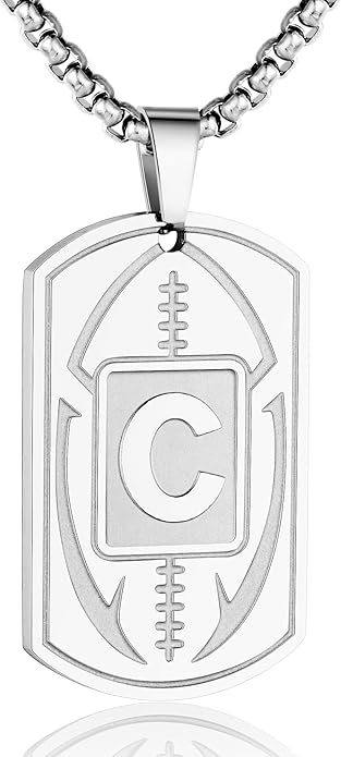 Initial A-Z Dog Tag Necklace for Men - Football Charm Pendant, Stainless Steel Chain 22+2 Inches, Personalized Sports Athletes Jewelry Gift