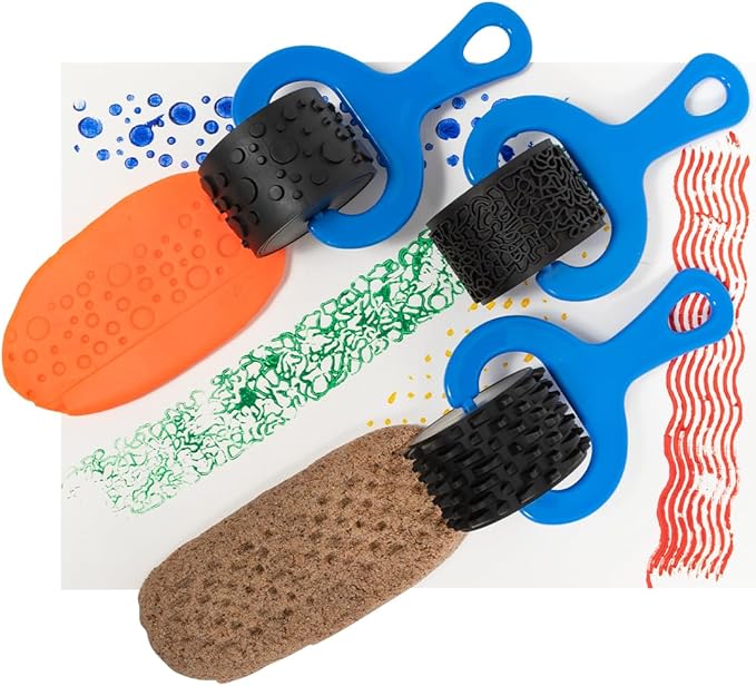 READY 2 LEARN Paint and Dough Explorers | 4 Patterns | Set 1 | Original Colors | Chunky Texture Rollers for Kids | Paint, Ink and Play Dough Accessories