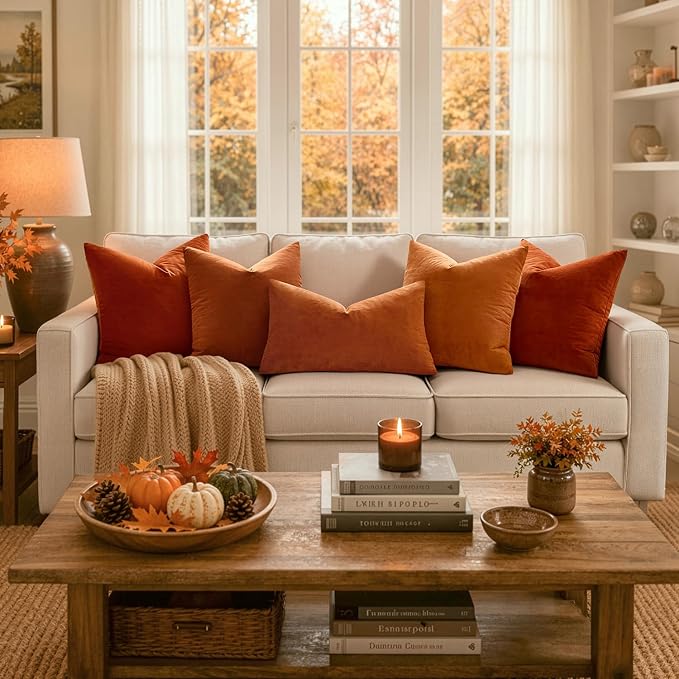 MIULEE 26x26 Inch Pack of 2 Euro Fall Velvet Throw Pillow Covers Orange | Soft Solid Decorative Euro Sham, Modern Luxury Home Decor, for King Bed Sofa Couch Bedroom Livingroom