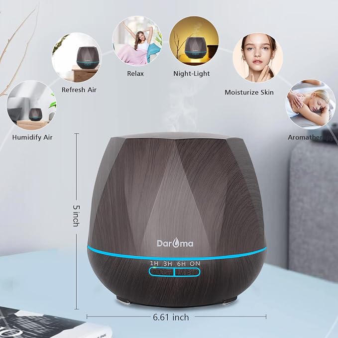 550ml Essential Oil Diffuser, DAROMA Upgraded Remote Control 6 in 1 Aromatherapy Ultrasonic Cool Mist Humidifier, 7 Color Changing Mood Lights & Waterless Auto-Off for Home Office Gift, Dark Wood