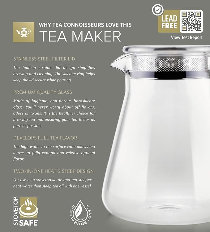Teabloom One-Touch Tea Maker, 2-in-1 Teapot and Kettle with Stainless Steel Filter Lid for Loose Tea – Stain-Free Borosilicate Glass Teapot (27 Oz) – Tea Connoisseur's Choice