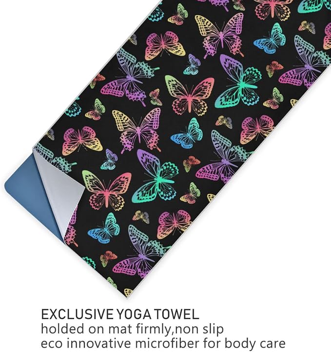 Non Slip Yoga Towel 73 x 27 in Colorful Butterfly Sweat Absorbent Yoga Mat Towel for Hot Yoga, Pilates and Workout