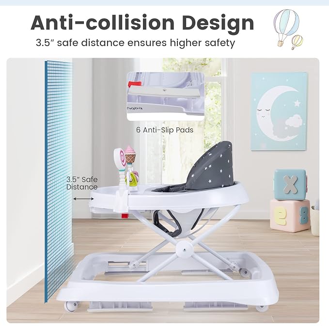 BABY JOY Baby Walker, Foldable Activity Walker with Adjustable Height, Large Tray & Removable Toys, Baby Walker with Wheels for Boys Girls 6-18 Months (Gray, Star Pattern)