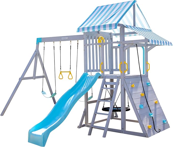 Teamson Kids Laguna Outdoor Wooden Swing Set with Slide, Rock Climbing Wall, Fireman Pole & Trapeze Bar, Gray & Aqua, Backyard Playset for Toddlers and Kids Ages 3–10