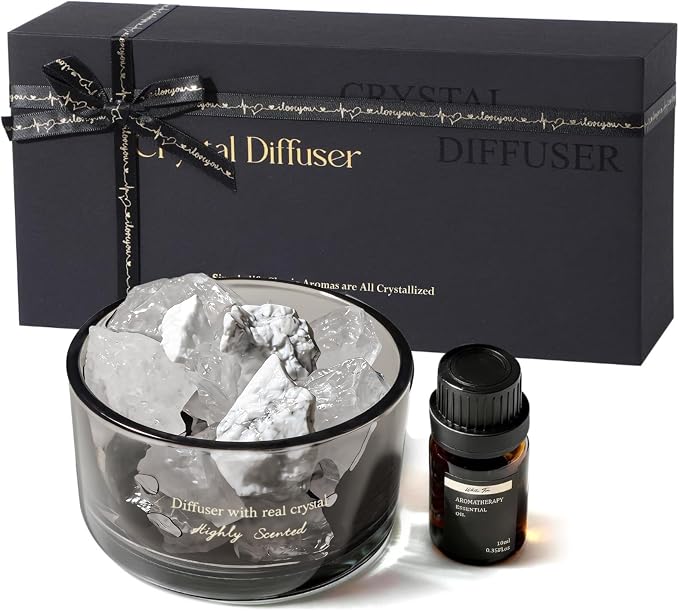 Crystal Stone Aroma Diffuser with Essential Oils for Home, Bathroom, Office, Home Decor & Fragrance 2 in 1, Chic Aromatherapy Gift Set (White Tea Scent)