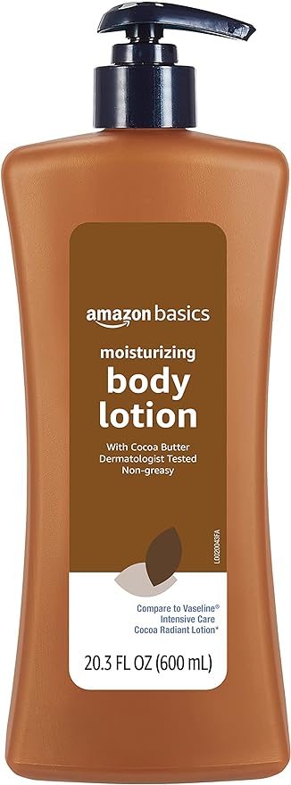 Amazon Basics Moisturizing Cocoa Butter Body Lotion for Dry Skin, Non-Greasy, Paraben Free, Lightly Scented, 20.3 Fl Oz, 4-Pack