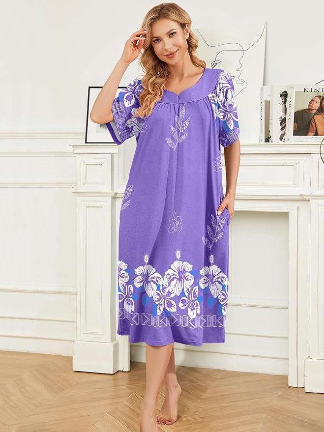 House Dresses for Women with Pockets Moo Moo Nightgown Short Sleeve Mumu Dress Lounge Dress S-3XL