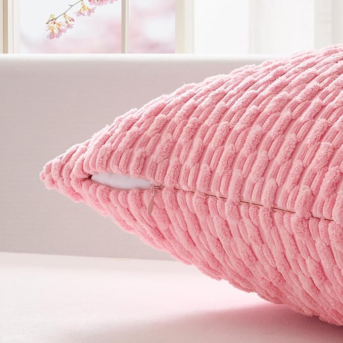 Kevin Textile Soft Corduroy 14"x20" Lumbar Pillow Cover 1 Pack, Pink | Boho Stripe Plush Corduroy Decorative Oblong Cushion Cover Modern Farmhouse Home Decor for Sofa Couch Bed Chair