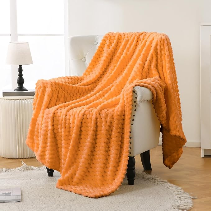 Bnuitland Soft Flannel Throw Blanket(50X70 inches), 3D Jacquard Fluffy Lightweight Fleece Throw Blanket for Couch,Sofa,Bed, 300 GSM Super Cozy Warm for All Season Home Decor,Light Orange