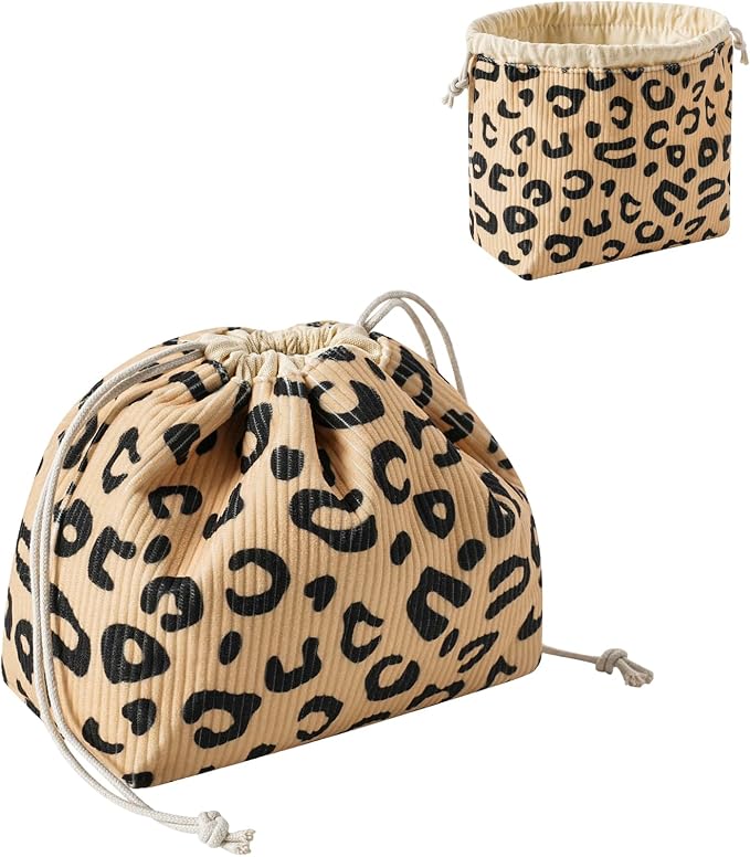 RSRSLEII Aesthetic Corduroy Drawstring Makeup Bag, Cute Coquette Drawstring Cosmetic Bag with Canvas Lining, Leopard Print Travel Makeup Organizer Case for Women Girls (09Khaki Leopard Print)