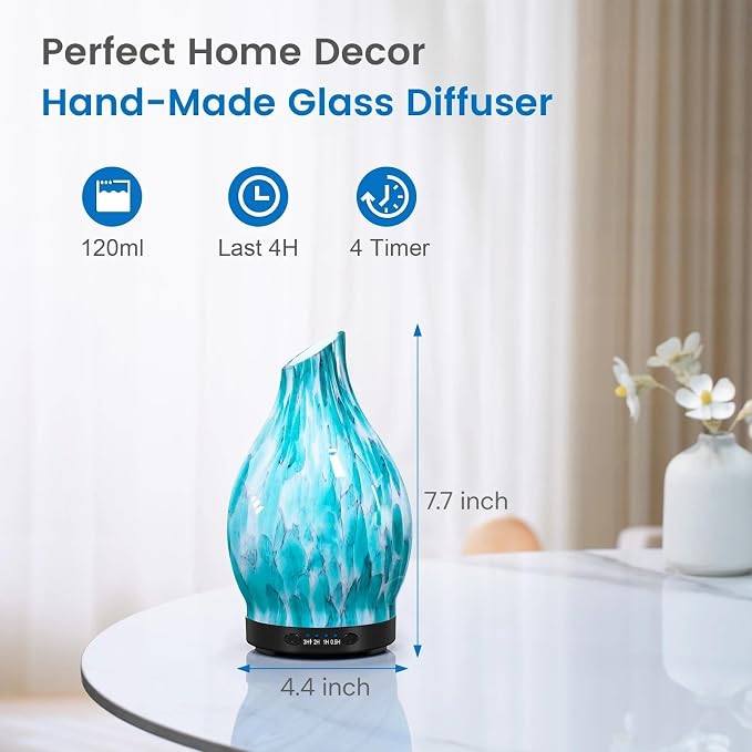 Essential Oil Diffuser, 120ML Glass Aromatherapy Diffuser with Auto Shut-Off and 7 Color LED Lights, Ultrasonic Mist Humidifier with 4 Timer for Home Office Bedroom (Blue Mountain)