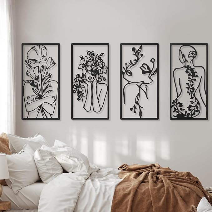 Cindeer 4 Pcs Metal Wall Art Decor Minimalist Abstract Woman Wall Art Line Drawing metal line art Home Hanging Art Decor for Bedroom Kitchen Bathroom Living Room(Fresh,Black)