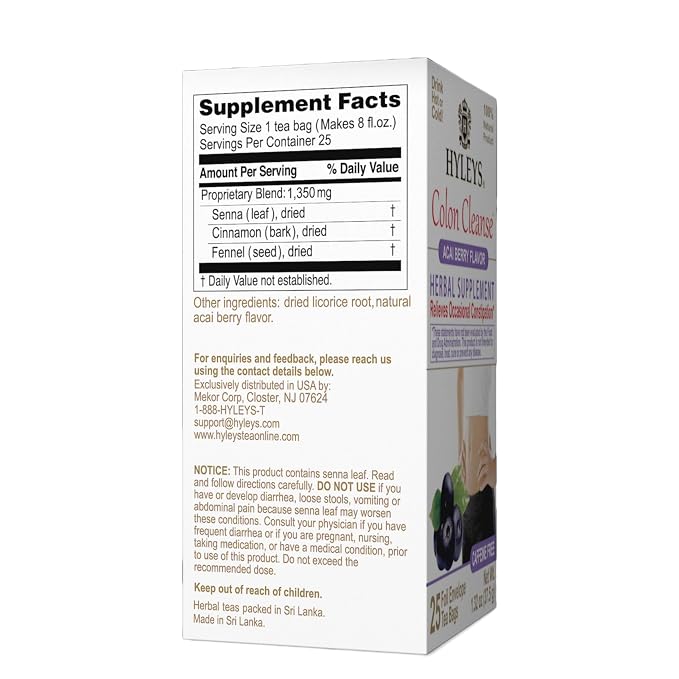HYLEYS Colon Cleanse Tea, Acai Berry Flavor - 25 Individually Wrapped Herbal Tea Bags - Caffeine Free, Gluten Free