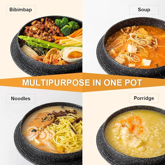 Cast Aluminum Pot with Lid, 7 in Non-Stick Casserole Dish Korean Stone Bowl Induction Compatible, Black