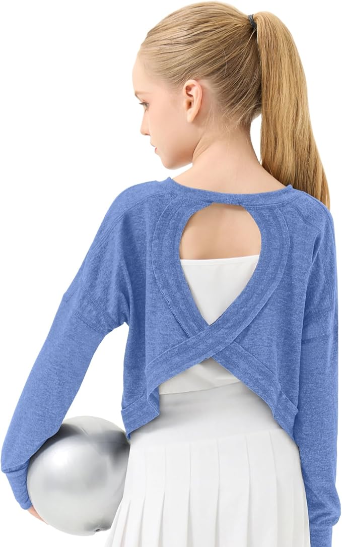 Gogokids Girls Shirts Long Sleeve Athletic Shirts Open Back Tops Active Sports Tshirts Yoga Workout Crop Tees 5-14 Years