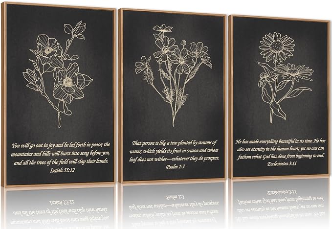 FWIEXA Black Christian Bible Verse Canvas Wall Art Set of 3, Easter Minimalist Scripture Wall Decor, Religious Beige Abstract Floral Painting, 24x36In Vintage Artwork for Living Room,Bedroom,Prayer Room