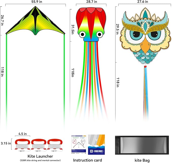 Kites for Kids & Adults,Large Kite for Beginners, Kites for Kids Ages 4-8,Outdoors Activities with Complete Handle, 328ft Kite String & Accessories (Blue Owl,Grassland,Octopus, 3)
