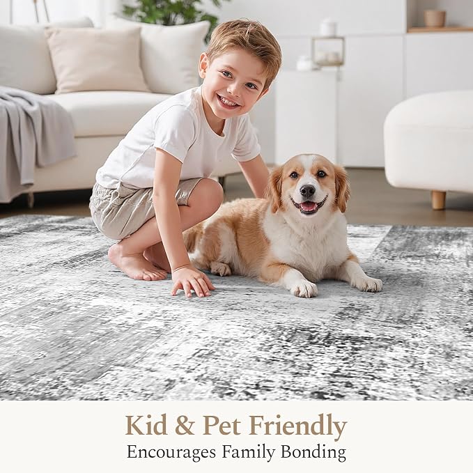 Rugflix 5x7 Area Rugs for Living Room, Washable Grey Large Rug | Machine Washable; Stain-Resistant; Low Pile; Non-Slip; Modern Abstract; Black Carpet for Bedroom Dining Office Nursery Home