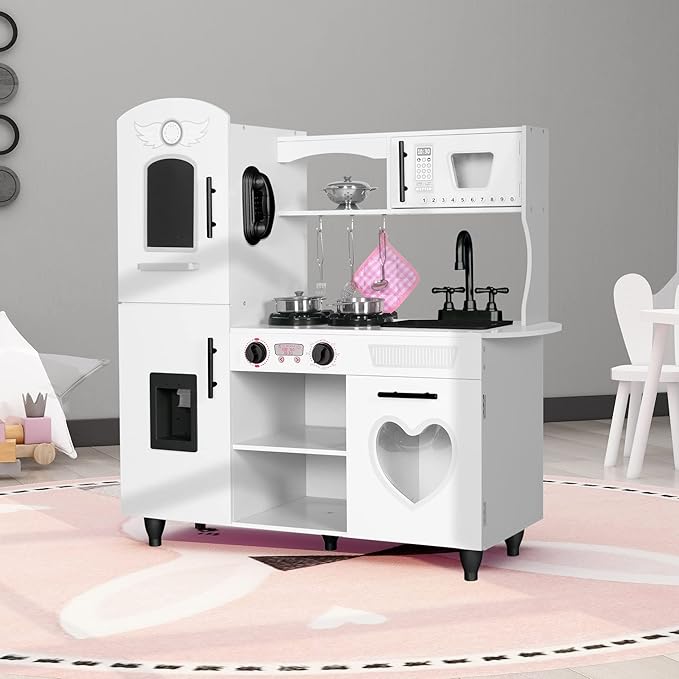 TaoHFE Wooden Kitchen Playset for Toddlers - Kitchen Toy Set with Lights & Sounds for Pretend Play, Gift for Kids Age 3+ (White)