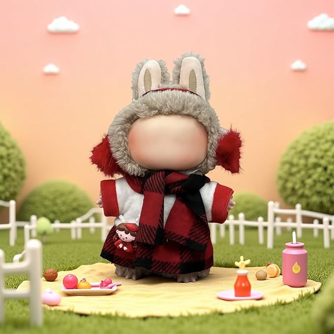 Winter 17cm Doll Clothes(NO Doll), Cute Christmas Red Grid Dolls Outfit Accessories with Headwear+Top+Skirt+Scarf Clothes Set for Dolls Christmas Clothes Set