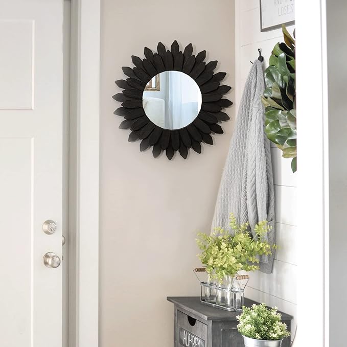 Black Wall Decor Wall Mirror 12 inch Boho Wall Decor Wood Decorative Mirror for Room Decor Home Decor for Bedroom Living Room Bathroom Kitchen Black