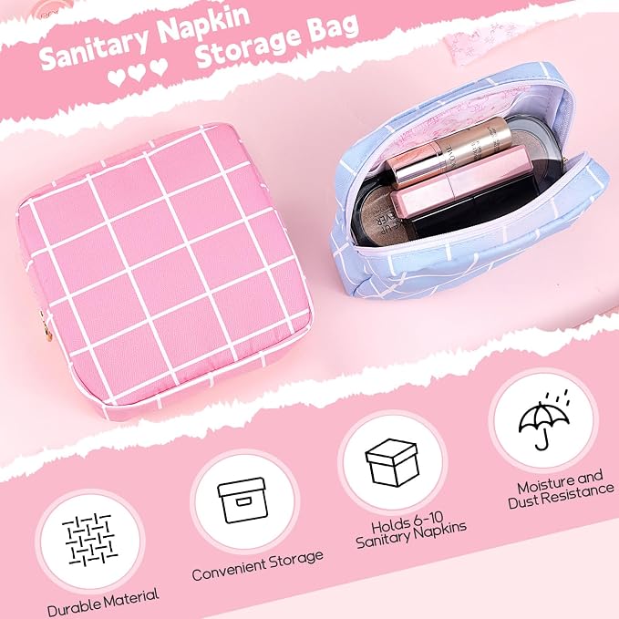 Period Bag Pouch Soft Cloth Sanitary Napkin Storage Bag Portable Menstrual Pad Pouches Tampon Holder for Purse First Period Kit for Girls 9-12 (Blue-White Check)