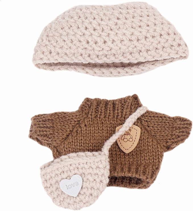 3-Piece Set 17cm Doll Clothes,Beige Knit Set,Light Brown Heart-Crossbody Bags + Light Brown Hat+Brown Knitted T-Shirt,Outfit Set for 17cm Dolls Knit with Warm Tones and Handmade Charm(NO Doll)