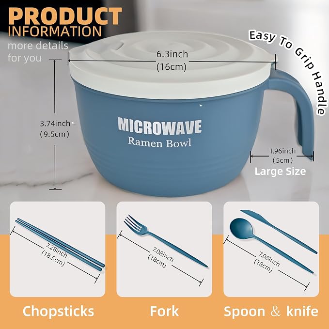 Layron 2 Sets Microwave Ramen Cooker Bowl 45 oz Instant Noodle Bowl with Handles Ramen Noodle Cooker with Spoon Chopsticks Fork Knife College Dorm Room Essentials (Black, Blue)