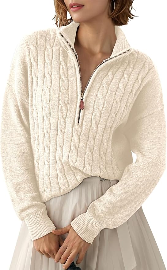Dokotoo Women's Sweaters 2026 Fall Winter Quarter Zip Ribbed Cable Knit | Long Sleeve,Polo Neck,Lightweight Knit Pullover,Soft Comfy Tops,Casual Trendy Outfits,Fashion Clothing