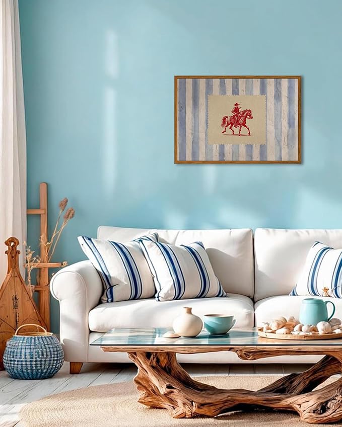 ZZLWBKGL Western Wall Decor Cowboy Canvas Art Vintage Framed Wall Art | Country West Stamp Artwork Mid Century Aesthetic for Living Room Bedroom 12x16in