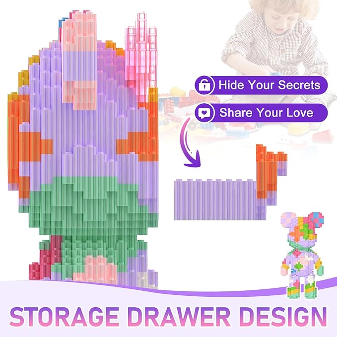 Bear Building Blocks with Organizer Bins (3000PCS), Fluorescent Bricks & Stroage Drawer, Gift for Adults & Kids, Ideal for Home & Office Decor, QR Code User Manual, 8880