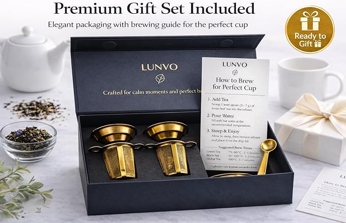 Tea Infuser Set (2 Pack) – Gold Stainless Steel Loose Leaf Tea Strainers with Drip Trays & Scoop – Gift Box for Tea Lovers