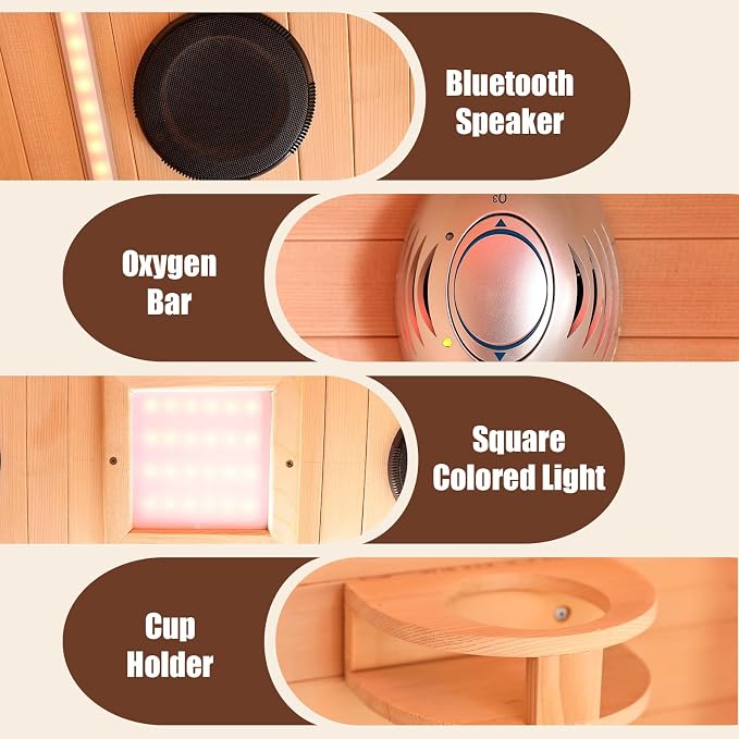 Infrared Sauna Home 2 Person Indoor Sauna Hemlock Wooden Dry Saunas 120V 1920W with Red Light, Oxygen Bar, Cup Holder, Bluetooth Speakers