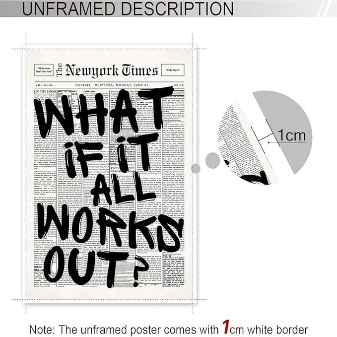 Drimiler Retro Black And White Newspaper Poster What If It All Works Out Canvas Wall Art Positive Affirming Quote Minimalist Prints Painting For Home Bedroom Dorm Wall Decor 16x24in Unframed