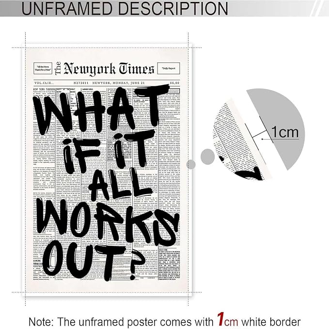 Retro Black And White Newspaper Poster What If It All Works Out Canvas Wall Art Positive Affirming Quote Minimalist Prints Painting For Home Bedroom Dorm Wall Decor 12x16in Unframed