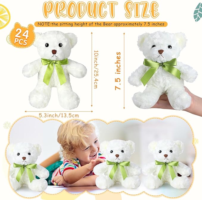 Hungdao 24 Pcs Bear Bulk Plush Stuffed Animals 10 Inch Cute Soft Stuffed Bear with Green Bow for Baby Shower Birthday Party Gift (White)