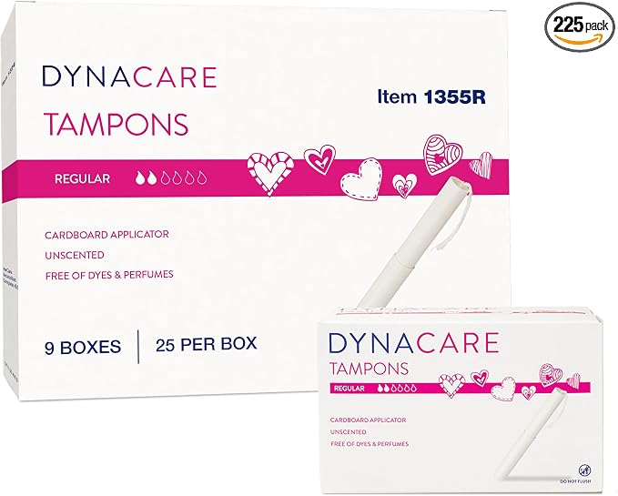 Dynarex Regular Tampons – Bulk Feminine Hygiene Product with Cardboard Applicator – 6-Hour Protection – 9 Boxes, 225 Total Tampons