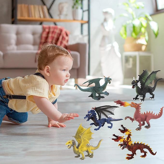 Large Dragon Toys, 6Pcs Dragon Action Figures Set Plastic Flying Dragon Figurines Toy for Kids Adults, Realistic Ancient Dragon Toys Cake Toppers for Kids Children Adults Birthday Party Decorations