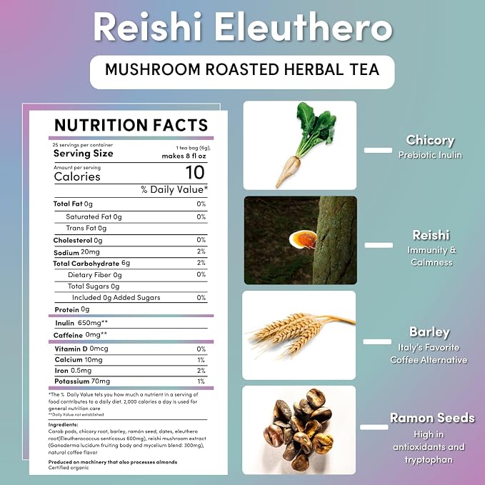 Teeccino Reishi Eleuthero Tea - French Roast - 25 TeaBags - Organic Mushroom Adaptogenic Herbal Tea, 3x More Herbs than Regular Tea Bags, Caffeine Free, Chicory Prebiotic