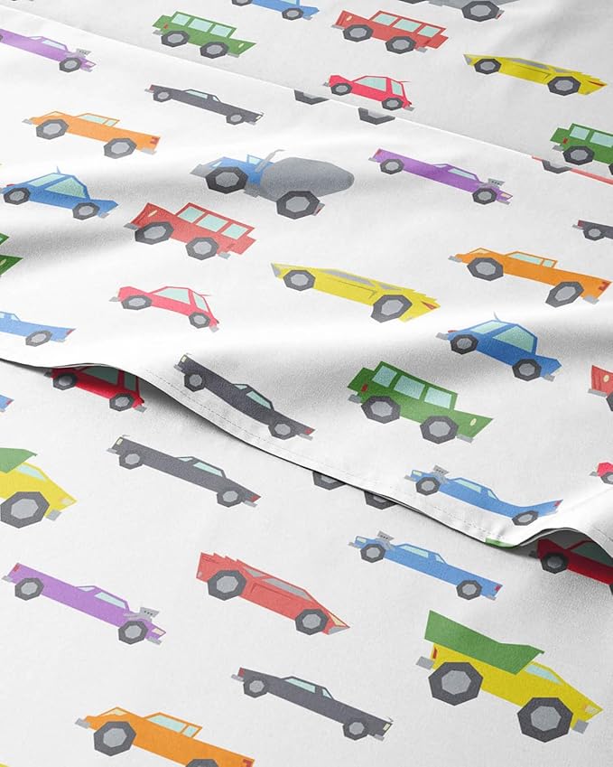 Kids Full Size Bed Sheet Set - 4 Piece Kids Loft Bed Sheets - Cars Cartoon Truck Themed Bedding - Soft, Cute - Breathable & Machine Washable - Cute Transport Bed Set for Boys, Girls, Teens & Toddlers