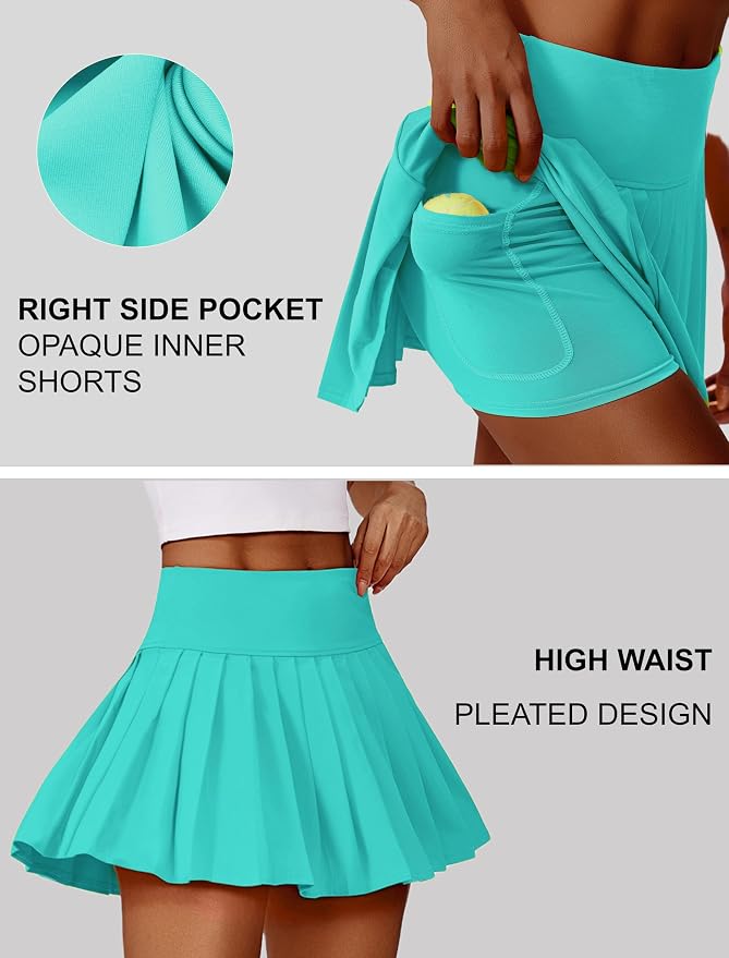 PINSPARK Pleated Tennis Skirts Mini Athletic Golf Skorts with Pocket | 14", High Waist, Lightweight, Quick Dry, Stretchy, Inner Shorts, Sun Protection, Pickleball, Casual, for Women
